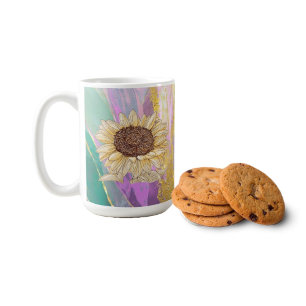 Caneca De Café Fundo Floral Metálico Colorido Com Girassol