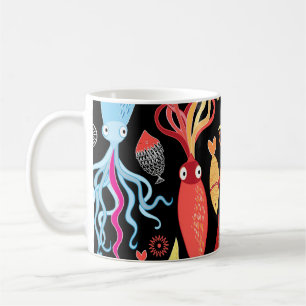 Caneca De Café Fundo Preto de Peixe Preto, Lulas Multicolor