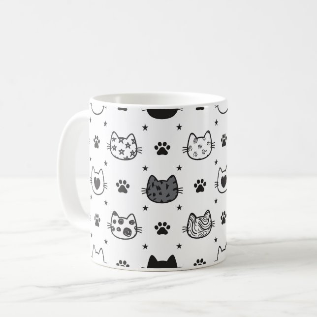 Caneca De Café Fundo preto e branco de gato  (Frente Esquerda)