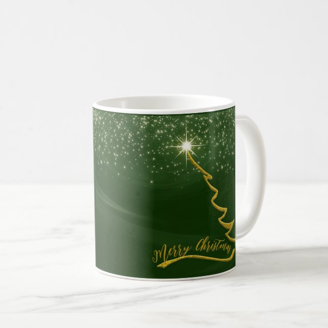 Caneca De Café Fundo Verde Sparkasse com Árvore de Natal Dourada (Frente Esquerda)