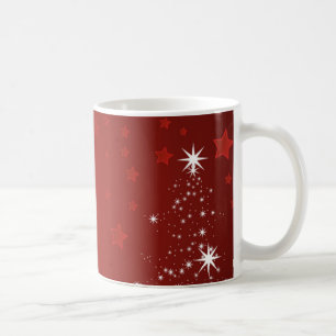 Caneca De Café Fundo Vermelho com Árvore de Natal Estrelada