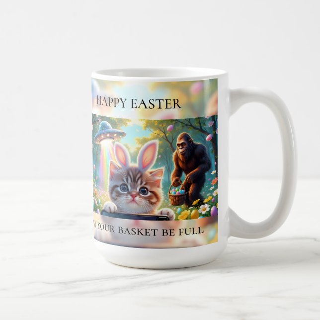 Caneca De Café Funny Bigfoot UFO Easter | Cute Cat Bunny Selfie (Direita)