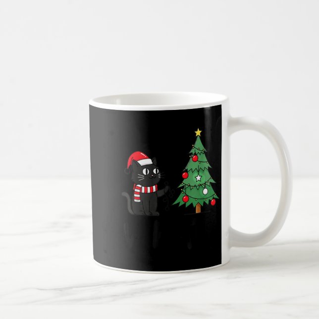 Caneca De Café Funny Black Cat Pushing Christmas Tree Over Cat Wh (Direita)