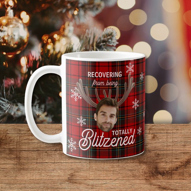 Caneca De Café Funny Blitzened Custom Face Christmas Mug (A funny red plaid Christmas mug featuring snowflakes, reindeer antlers, and your custom face saying)