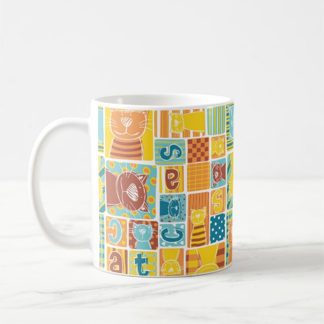 Caneca De Café Funny cat fabric patchwork wallpaper,abstract seam (Esquerda)