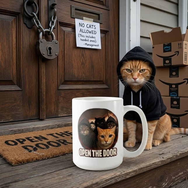 Caneca De Café Funny Cats in Hoodies Open The Door (Criador carregado)