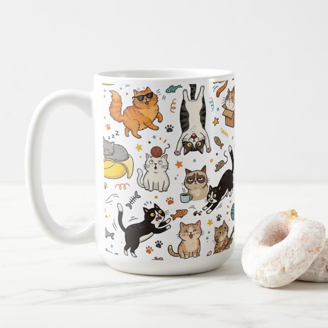 Caneca De Café Funny Cats Pattern Mug For Cat Lovers (Com Donut)