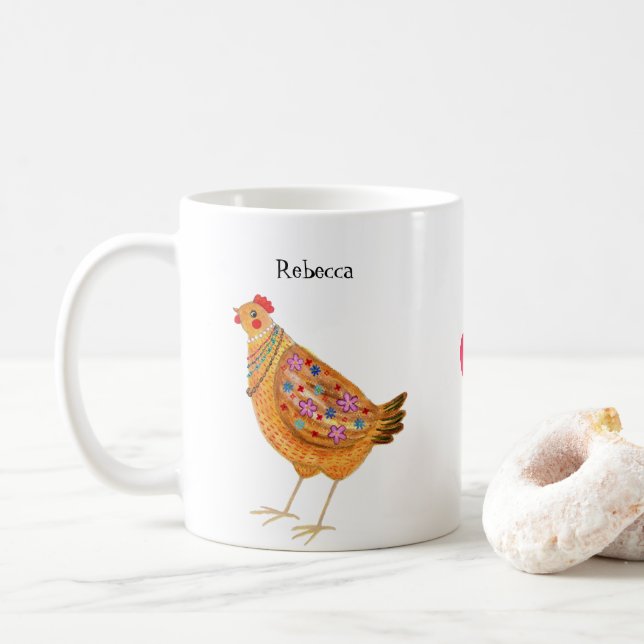 Caneca De Café Funny Cute Fashionable Chicken Hen Art Custom (Com Donut)