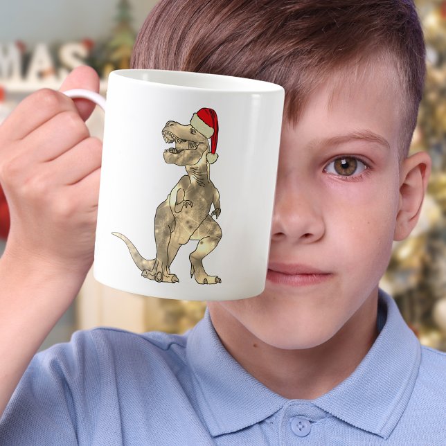 Caneca De Café Funny Festive Tyrannosaurus Rex Papais noeis Dinos (Christmas dinosaur T-Rex wearing a Santa hat holiday mug)