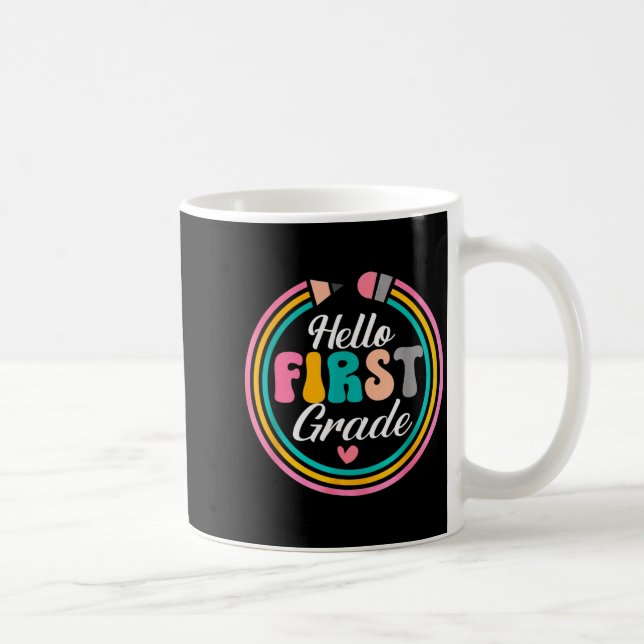 Caneca De Café Funny Hello First Grade Pencil Circle Design  (Direita)