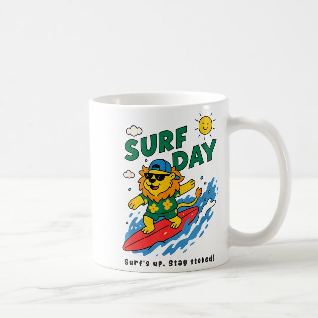 Caneca De Café Funny Lion Surfing Summer Vacation Surf Day Boys G (Direita)