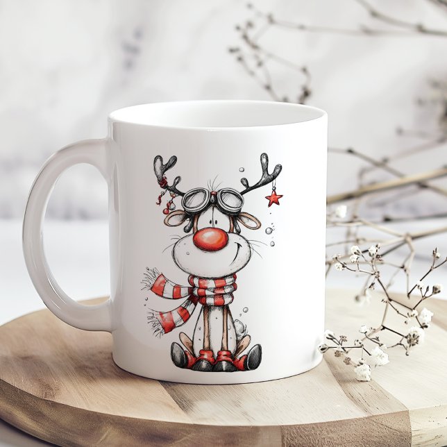 Caneca De Café Funny Reindeer Christmas Mug – Oh Deer! (Funny Reindeer Christmas Mug – Oh Deer! on a boho wooden table with tiny white flowers)