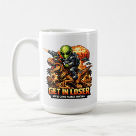 Caneca De Café Funny Sci-Fi Fantasy Meme Art, Alien Riding Dinosa