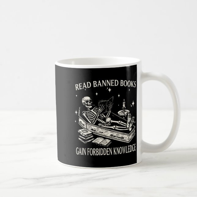 Caneca De Café Funny Skeleton Read Banned Books Gain Forbidden Kn (Direita)