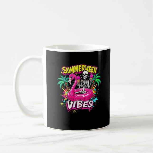 Caneca De Café Funny Skeleton Summerentre Vibes Flamingo Piscina  (Esquerda)