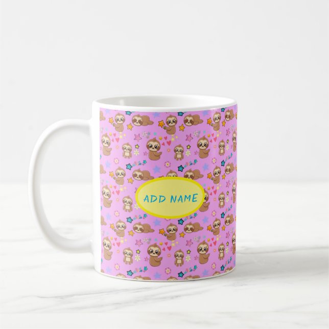 Caneca De Café Funny Sloth Hearts Floral Pink Padrão | Adicionar  (Esquerda)