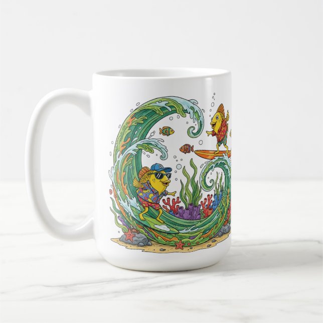Caneca De Café Funny Surfing Yellow Fish Tropical Beach Party Shi (Esquerda)