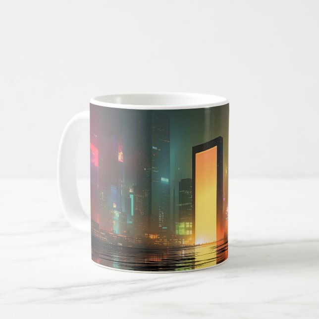 Caneca De Café Futuristic Cityscape with Neon Reflections (Frente Esquerda)