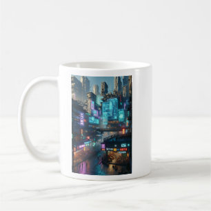 Caneca De Café Futurística de paisagem urbana de Neon Cyberpunk
