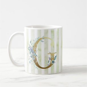 Caneca De Café G ouro inicial em faixas azuis e brancas
