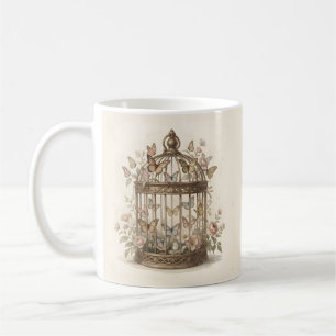 Caneca De Café Gaiola antiga com flores e borboletas