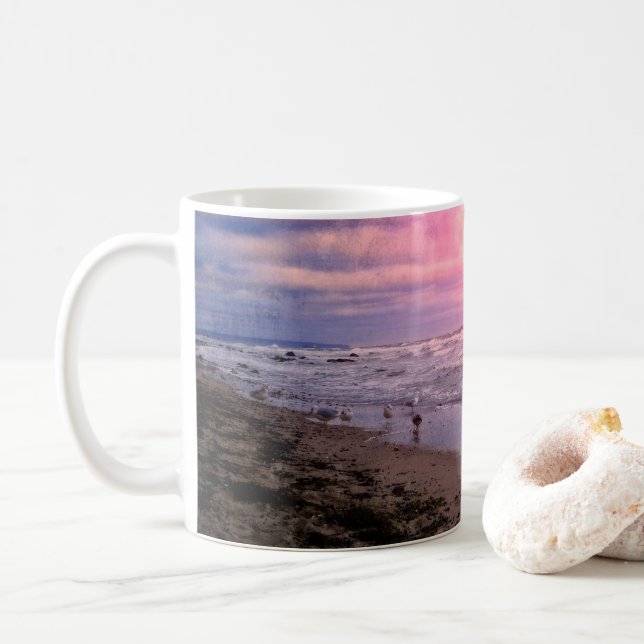 Caneca De Café Gaivotas no mar ao pôr do sol (Com Donut)