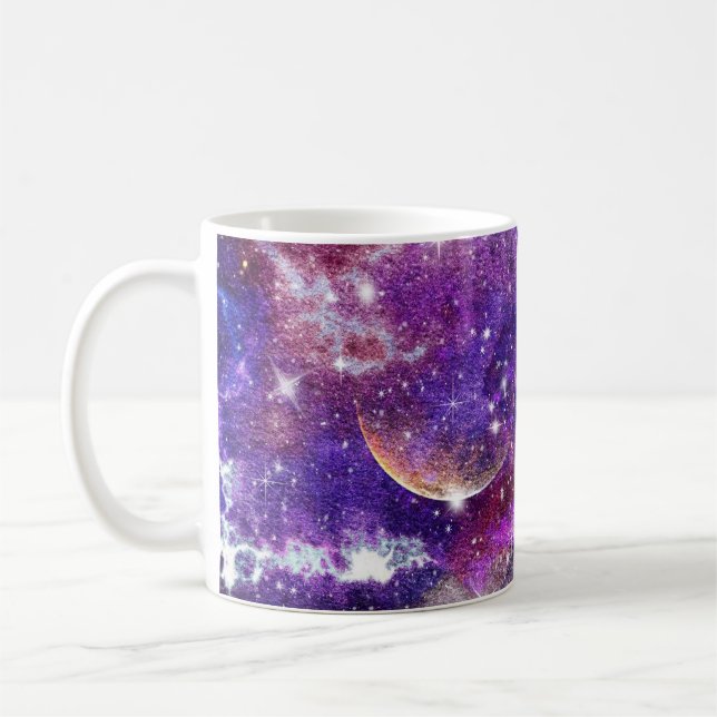 Caneca De Café Galáxia Violeta Via Láctea Com Planeta (Esquerda)