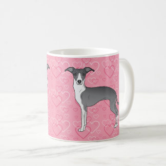 Caneca De Café Galgo Italiano Azul e Branco em Corações Rosas