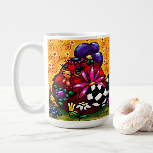 Caneca De Café Galinha Chocante Chunky Floral Whimsical (Com Donut)