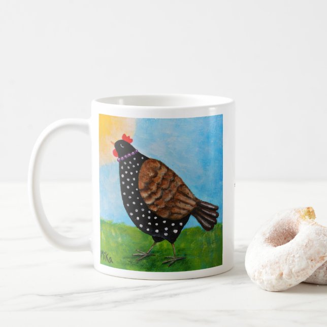 Caneca De Café Galinha com Colar Tomando Sol Personalizado  (Com Donut)
