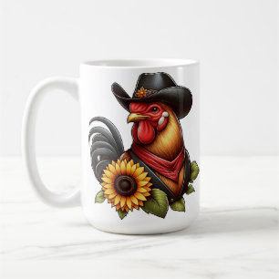 Caneca De Café Galo Colorido em Chapéu de Cowboy com Girassol