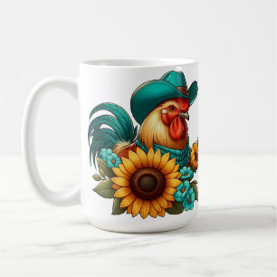 Caneca De Café Galo Com Chapéu Azul e Girassóis