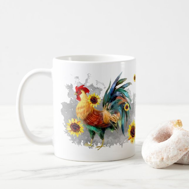 Caneca De Café Galo com Girassóis Personalizados de Aquarela (Com Donut)