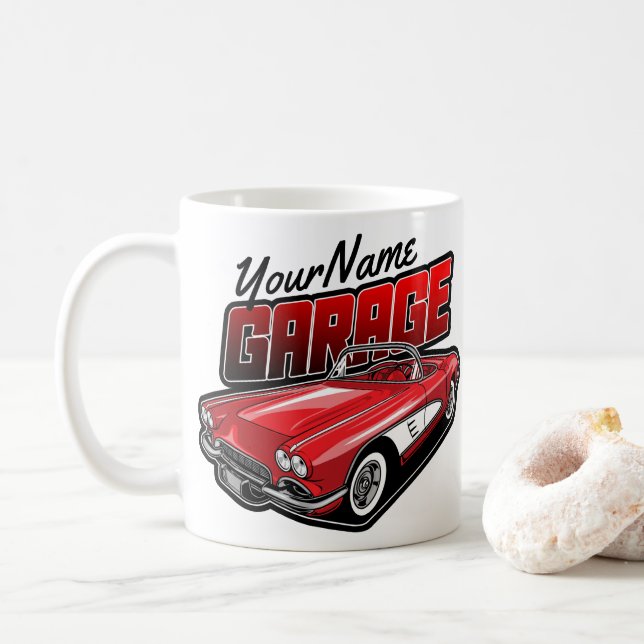 Caneca De Café Garagem de Carro Esportivo Vermelho Clássico 1961  (Com Donut)