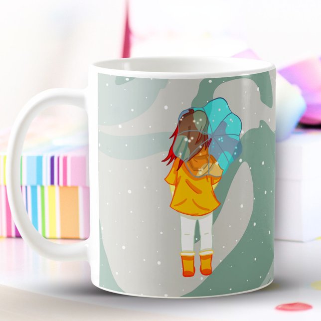 Caneca De Café Garota com guarda-chuva na espiral verde de desenh (Criador carregado)