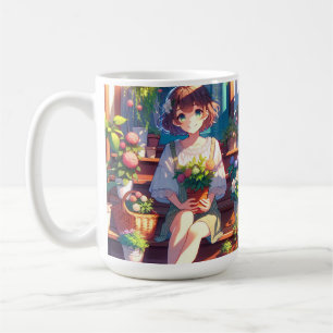 Caneca De Café Garota de Animação Bonita segurando uma Planta