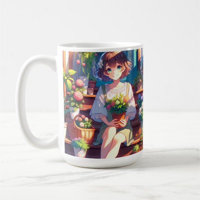 Caneca De Café Garota de Animação Bonita segurando uma Planta (Esquerda)