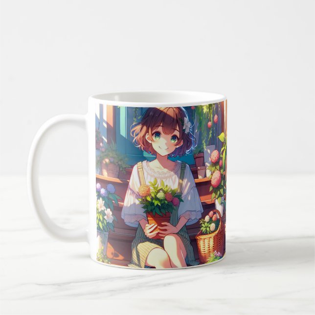 Caneca De Café Garota de Animação Bonita segurando uma Planta (Esquerda)