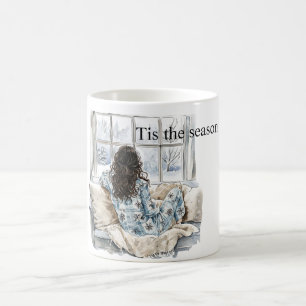 Caneca De Café Garota de Cabelo Castanho na Janela de Natal