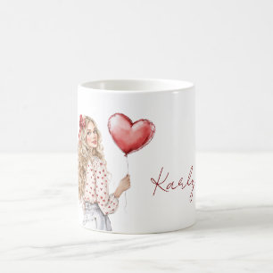 Caneca De Café Garota de Cabelo Loiro Blusa de Corações Vermelhos