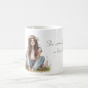 Caneca De Café Garota de Cabelo Marrom Flores no Cabelo