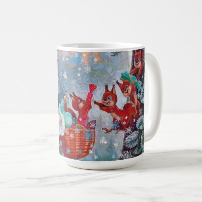 Caneca De Café Garota de Natal de Neve com Esquilos (Frente Esquerda)
