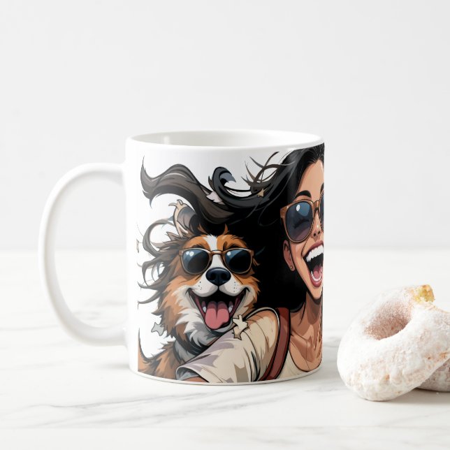 Caneca De Café Garota Feliz E Cachorro Bonito Em Óculos De Sol Co (Com Donut)
