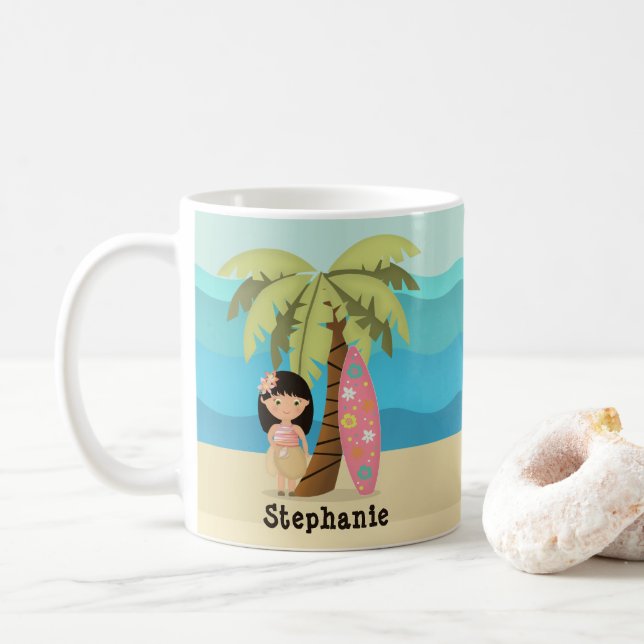 Caneca De Café Garota Havaiana de Surfe (Com Donut)