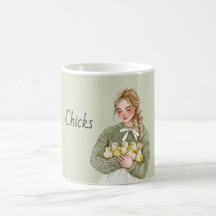 Caneca De Café Garota Loira Segurando Pintinhos Amarelos Bebês