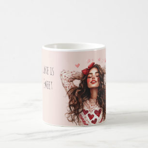 Caneca De Café Garota Morena Corações Vermelhos Dia dos Namorados