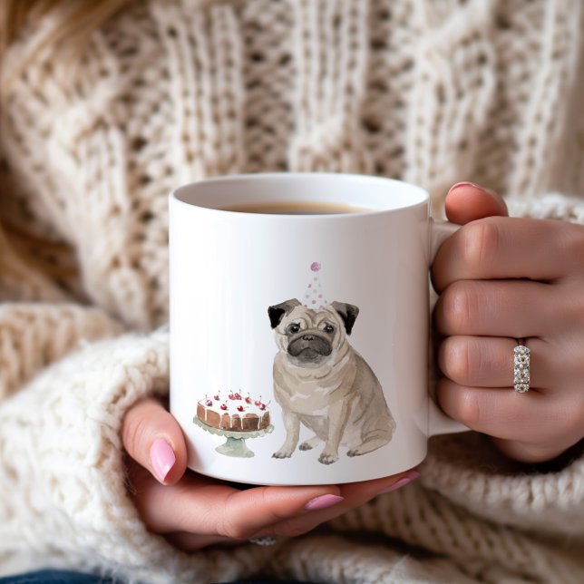 Caneca De Café Garota Personalizada Pug Birthday Cake Coffee Mug (Criador carregado)