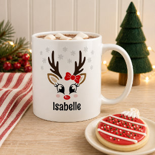 Caneca De Café Garota Rena Fofa com Laço Vermelho e Floco de Neve