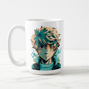 Caneca De Café Garoto de Anime: Cabelo Dourado, Olhos Rosa e Dour