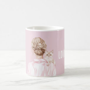 Caneca De Café Gata Branca Creme Laço Rosa Feminina